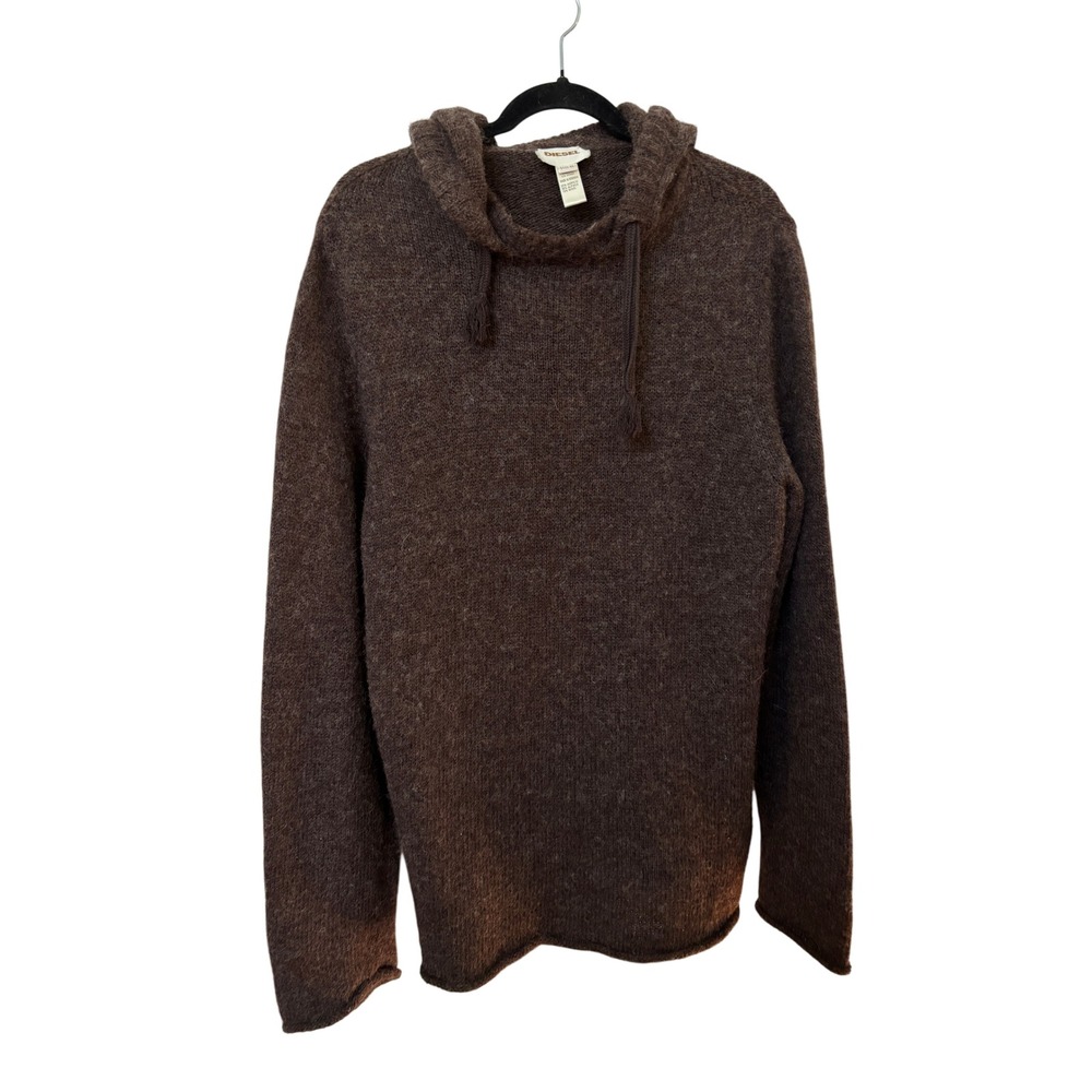 Diesel Mens Alpaca Wool Blend Knit Hoodie Brown XL Relaxed Fit Pullover